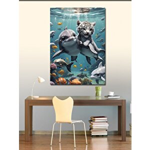 Kanvas Tablo Sudaki Yavru Kaplan Ve Yunus 70x100 cm