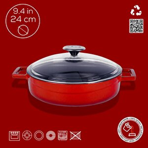 Lava Döküm Çok Amaçlı Yayvan Tencere. Glaze Serisi Çap(ø)24cm. - Kırmızı