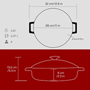 Lava Döküm Çok Amaçlı Yayvan Tencere. Glaze Serisi Çap(ø)24cm. - Kırmızı