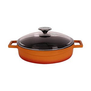 Döküm Çok Amaçlı Yayvan Tencere. Glaze Serisi Çap(ø)24cm. - Kırmızı Turuncu