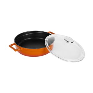 Döküm Çok Amaçlı Yayvan Tencere. Glaze Serisi Çap(ø)24cm. - Kırmızı Turuncu