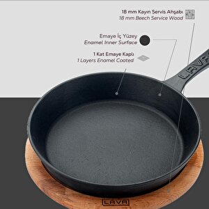 Lava Döküm Yuvarlak Kızartma Tavası Yekpare Saplı Kayın Servis Ahşabı. Çap(ø)20cm