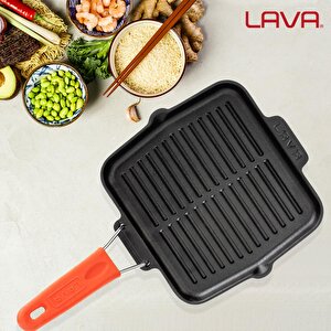 Lava Döküm Kare Sığ Izgara Tavası Silikon Tel Saplı Ölçü 21x21cm.