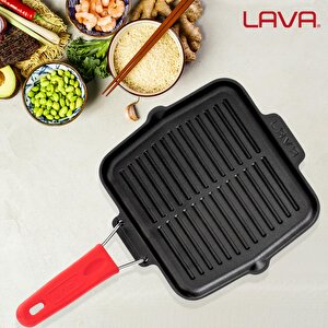 Lava Döküm Kare Sığ Izgara Tavası Silikon Tel Saplı Ölçü 21x21cm.