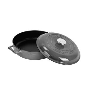 Döküm Çok Amaçlı Yayvan Tencere Döküm Demir Kubbe Form Kapak Premium Serisi Çap(ø)28cm. Gri