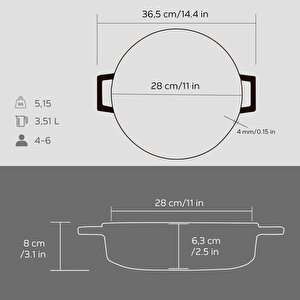 Lava Döküm Çok Amaçlı Yayvan Tencere Döküm Demir Kubbe Form Kapak Premium Serisi Çap(ø)28cm.