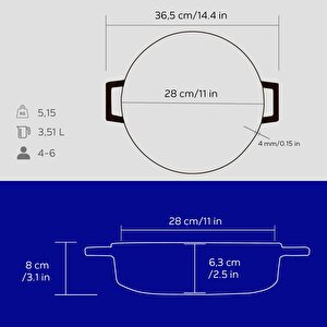 Lava Döküm Çok Amaçlı Yayvan Tencere Döküm Demir Kubbe Form Kapak Premium Serisi Çap(ø)28cm.