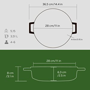 Lava Döküm Çok Amaçlı Yayvan Tencere Döküm Demir Kubbe Form Kapak Premium Serisi Çap(ø)28cm.