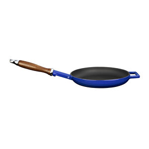 Döküm Yuvarlak Kızartma Tavası Döküm Demir Ve Ahşap Saplı Çap(ø)24cm. Mavi