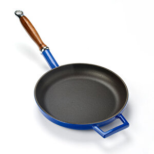 Döküm Yuvarlak Kızartma Tavası Döküm Demir Ve Ahşap Saplı Çap(ø)24cm. Mavi