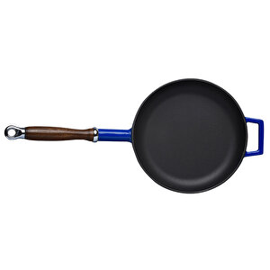 Döküm Yuvarlak Kızartma Tavası Döküm Demir Ve Ahşap Saplı Çap(ø)24cm. Mavi