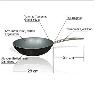 Büyük 28 Cm Granit Yanmaz Yapışmaz Yüzeyli Paslanmaz Çelik Saplı Vog Vok Wog Wok Kavisli Eğimli Tava