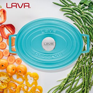 Lava Döküm Oval Tencere Döküm Demir Yekpare Kulplu Spring Serisi Ölçü 23x29cm. Turkuaz