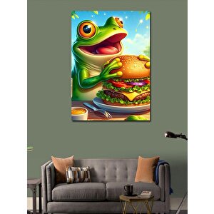 Kanvas Tablo Hamburger Yiyen Kurbağa
