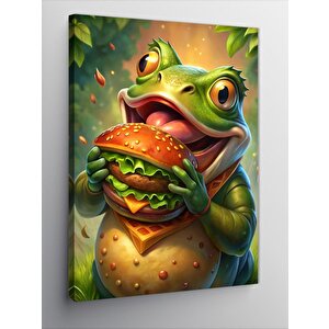 Kanvas Tablo Hamburger Yiyen Kurbağa
