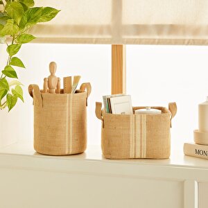 2'li Çizgili Jüt Sepet Set 1 Adet 20 X 20 / 1 Adet 24 X 17 X 14 Cm