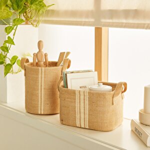 2'li Çizgili Jüt Sepet Set 1 Adet 20 X 20 / 1 Adet 24 X 17 X 14 Cm