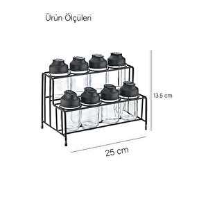 Metal Standlı 8'li Çift Kapaklı Cam Baharatlık Seti-tuzluk Biberlik Baharatlık Takım