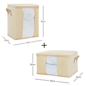 Ocean Home Textile 2'li Pvc Pencereli Bej Balıksırtı Hurç Set 1 Adet 45 X 30 X 50 / 1 Adet 60 X 43 X 35 Cm