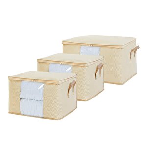 Ocean Home Textile 3'lü Pvc Pencereli Bej Balıksırtı Hurç Set 1 Adet 60 X 43 X 35 / 2 Adet 45 X 40 X 30 Cm