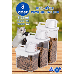 3 Lü Sızdırmaz Depolama Kedi Köpek Mama Saklama Kabı- Ölçekli Erzak Depolama 1100 Ml 1800 Ml 300 Ml