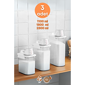 3 Lü Sızdırmaz Depolama Sıvı Toz Deterjan Saklama Kutusu- Ölçekli Kap 1100 Ml 1800 Ml 2300 Ml