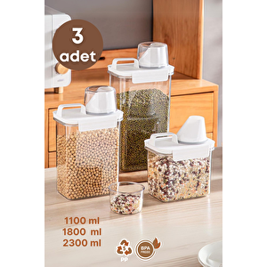 3 Lü Sızdırmaz Depolama Erzak Bakliyat Saklama Kabı- Ölçekli Düzenleyici 1100 Ml 1800 Ml 2300 Ml