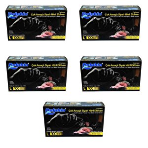 Dolphin Tek Kullanımlık Lateks Siyah Pudrasız Nitril Eldiven Large Büyük Boy -100'lü 5paket
