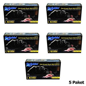 Dolphin Tek Kullanımlık Lateks Siyah Pudrasız Nitril Eldiven Large Büyük Boy -100'lü 5paket