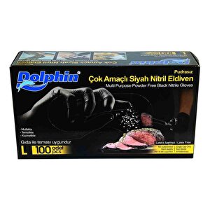 Dolphin Tek Kullanımlık Lateks Siyah Pudrasız Nitril Eldiven Large Büyük Boy -100'lü 5paket