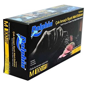 Dolphin Tek Kullanımlık Lateks Siyah Pudrasız Nitril Muayne Eldiveni Meidum - 100'lü 20 Paket