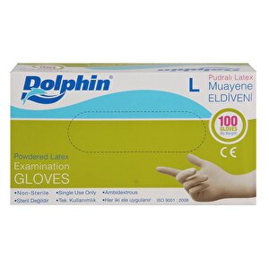 Dolphin Tek Kullanımlık Lateks Beyaz Pudralı Large ( L ) Muayne Eldiveni - 5 Adet 100'lü Paket