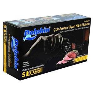 Dolphin Tek Kullanımlık Lateks Siyah Pudrasız Nitril Muayne Eldiveni Small Küçük Boy - 100'lü 5paket