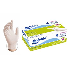 Dolphin Tek Kullanımlık Lateks Beyaz Pudralı Muayene Eldiveni - Medium - Orta Boy - 100'lü Paket