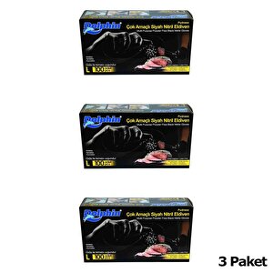 Dolphin Tek Kullanımlık Lateks Siyah Pudrasız Nitril Eldiven Large Büyük Boy -100'lü 3paket