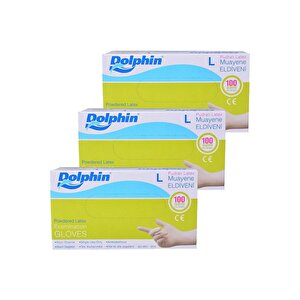 Dolphin Tek Kullanımlık Lateks Beyaz Pudralı Large Büyük Boy Muayne Eldiveni - 3 Adet 100'lü Paket