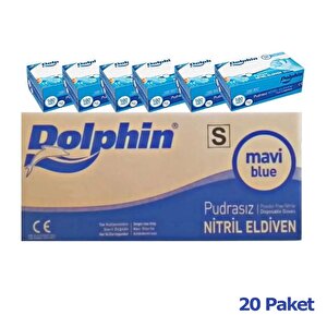 Dolphin Tek Kullanımlık Lateks Mavi Pudrasız Nitril Muayne Eldiveni Small Küçük Boy -100'lü 20 Paket