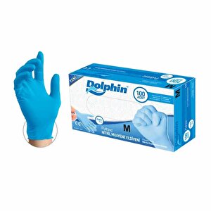 Dolphin Tek Kullanımlık Lateks Mavi Pudrasız Nitril Muayne Eldiveni Medium Orta Boy - 100'lü Paket