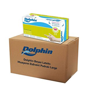 Dolphin Tek Kullanımlık Lateks Beyaz Pudralı Large Muayne Eldiveni - 20 Adet 100'lü Paket / Koli