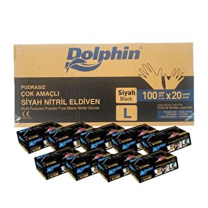 Dolphin Tek Kullanımlık Lateks Siyah Pudrasız Nitril Muayne Eldiveni Large - 100'lü 20 Paket