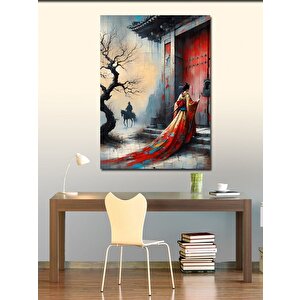 Kanvas Tablo Kırmızı Elbise İle Japon Kadın