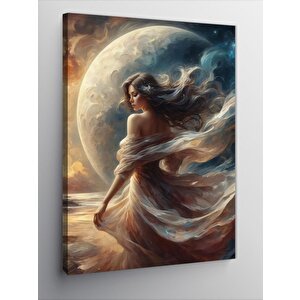 Kanvas Tablo Dolunay Ve Beyaz Elbiseli Kadın 100x140 cm
