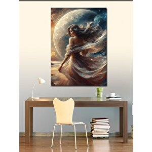 Kanvas Tablo Dolunay Ve Beyaz Elbiseli Kadın 100x140 cm
