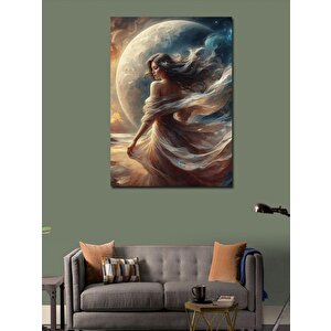 Kanvas Tablo Dolunay Ve Beyaz Elbiseli Kadın 100x140 cm