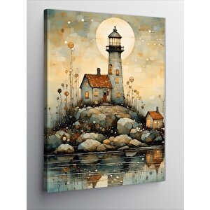 Kanvas Tablo Dolunay Ve Deniz Feneri Çizimi 70x100 cm