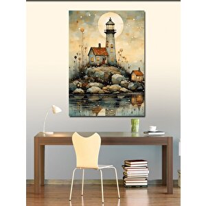 Kanvas Tablo Dolunay Ve Deniz Feneri Çizimi 70x100 cm