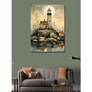 Kanvas Tablo Dolunay Ve Deniz Feneri Çizimi 70x100 cm