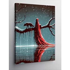 Kanvas Tablo Daldaki Kurt Ve Kırmızı Elbiseli Kadın 70x100 cm
