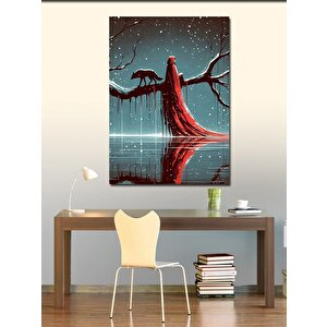 Kanvas Tablo Daldaki Kurt Ve Kırmızı Elbiseli Kadın 70x100 cm
