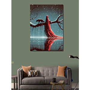 Kanvas Tablo Daldaki Kurt Ve Kırmızı Elbiseli Kadın 70x100 cm
